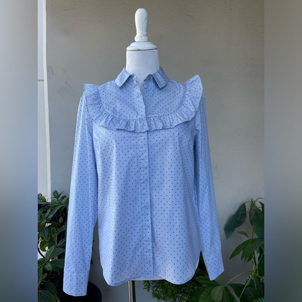 🌿 H&M Ruffle Printed Button Down Shirt/ Blouse in Light Blue, US 10